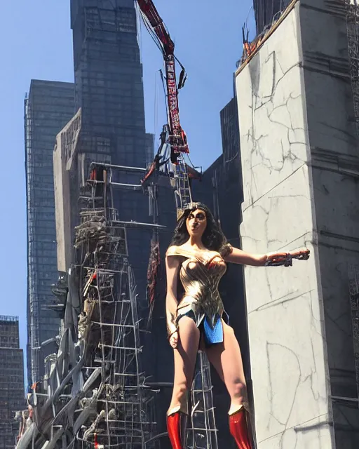 Prompt: a gigantic 500 foot tall white marble statue of Gal Gadot as Wonder Woman surrounded in scaffolding in downtown NYC