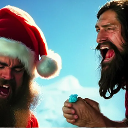 Image similar to Santa and Jesus angrily screaming at each other, 80s movie action battle, live action cinematography, crying ice cream baby