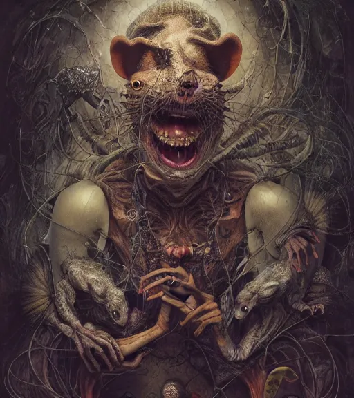 Prompt: portrait, nightmare anomalies, rat by dariusz zawadzki, kenneth blom, mental alchemy, james jean, pablo amaringo, naudline pierre, contemporary art, hyper detailed