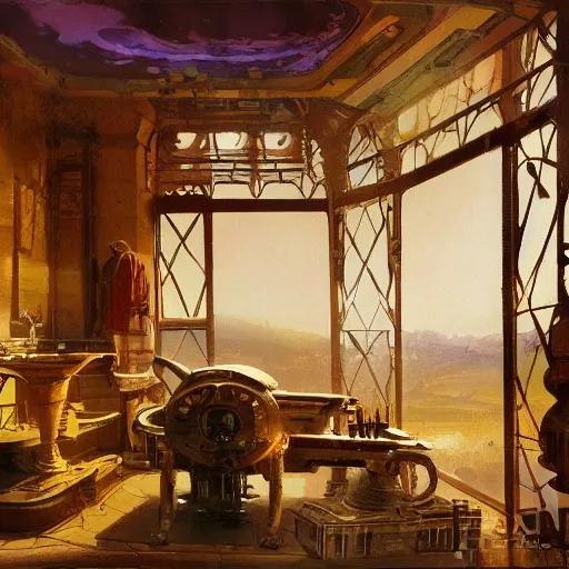 Prompt: painting of syd mead artlilery scifi bathroom with ornate metal work lands on a farm, ancient civilization ornaments, volumetric lights, purple sun, andreas achenbach