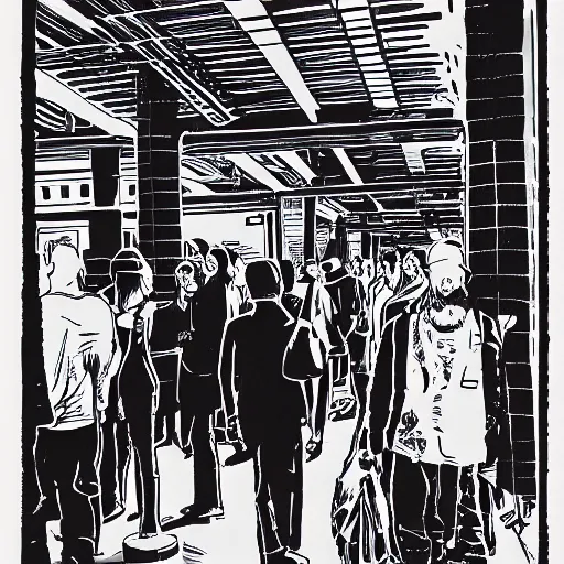 Image similar to a risograph print of a man walking into a New York City subway station