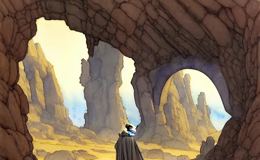 Prompt: a hyperrealist watercolor concept art of a medieval monk in grey robes at sunset looking through a rock arch dimensional portal to an alien world. very muted colors, by rebecca guay, michael kaluta, charles vess. high detail, hq, wide shot, 4 k