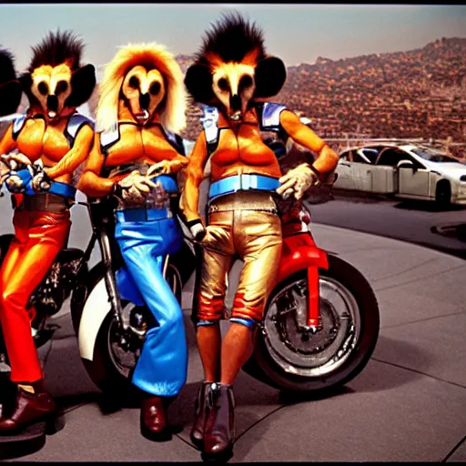 Image similar to uhd photorealisitc candid photo of the biker mice from mars, at the un, smashing. photo by annie leibowitz and steve mccurry