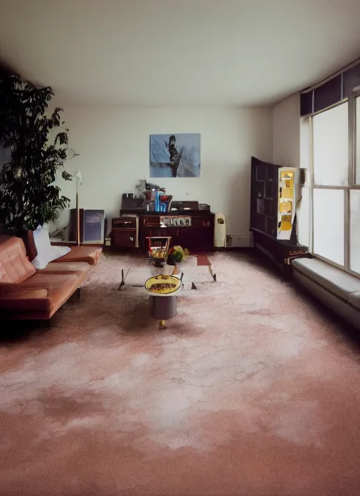 Prompt: kodak portra 4 0 0 photographic and realistic, 7 0 s living room, detailed, octane render, 4 k, hyper realistic, only floor flooded, wide angle, 2 8 mm, sharp focus, soft light, volumetric light fog,