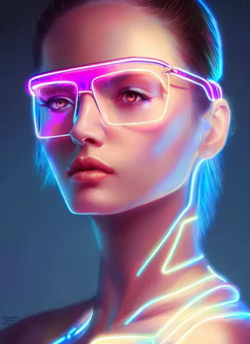 Image similar to portrait of female humanoid in transparent eyewear, intricate, elegant, cyber neon lights, highly detailed, digital photography, artstation, glamor pose, concept art, smooth, sharp focus, art by artgerm and greg rutkowski