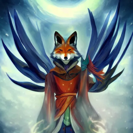 Image similar to a painted avatar portrait of an awesome powerful humanoid kitsune fox mage themed around life and death, in the style of dnd beyond avatar portraits, beautiful, artistic, elegant, lens flare, magical, lens flare, nature, realism, stylized