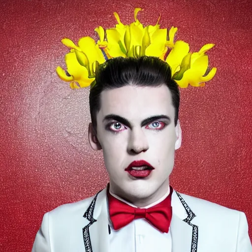 Prompt: urban fantasy character portrait of the god of mirrors, a young man with a symmetrical clean - shaven face and white eyes, slicked back red hair, wearing a blindingly white tuxedo jacket with a yellow popper flower in its lapel, white cummerbund, white shirt, white pants, and white shoes