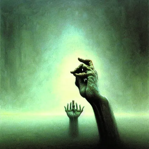 Prompt: arm reaching out of thick fog, marble blocks levitating in the background, zdzislaw beksinski