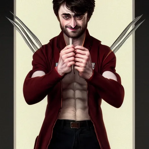 Image similar to symmetry portrait of daniel radcliffe as wolverine, american stand - up comedian, intricate, elegant, highly detailed, digital painting, artstation, concept art, smooth, sharp focus, illustration, art by artgerm and greg rutkowski and alphonse mucha