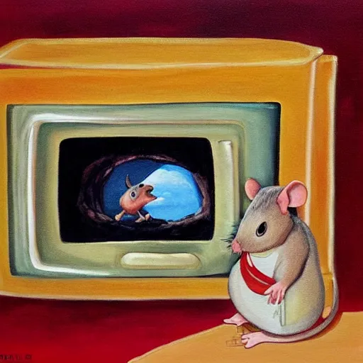 Prompt: a beautiful painting of little fat mouse watch tv, living in a hole