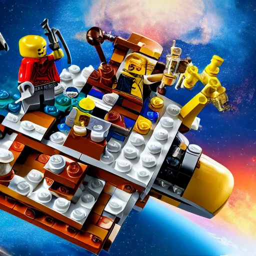 Image similar to lego scene of a pirate ship in space, photo realistic hd