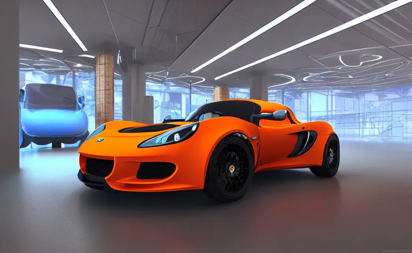 Prompt: futuristic lotus exige ( ( orange ) ) parked within interior view of futuristic auto showroom ( ( frank lloyd wright ) ) luminescent concept art, unreal engine 5, artstation highly detailed, digital art, 8 k hdr, soft lighting, hyperrealistic, godrays, coherent, ( ( neon ) )