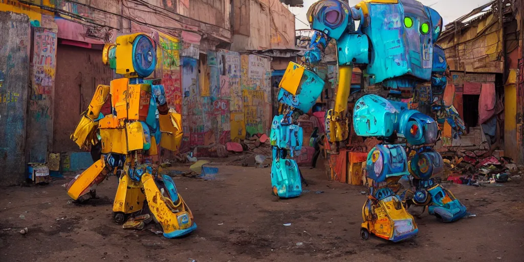 Image similar to colourful - damaged - giant mecha ROBOT of neon lit AJEGUNLE SLUMS of Lagos, markings on robot, Golden Hour,