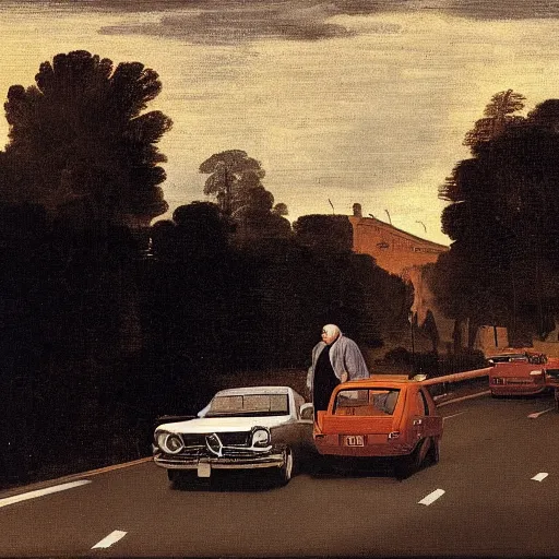 Prompt: a man in his car queuing in traffic at dusk, angry at other motorists, in the background the queue of cars, painted by caravaggio