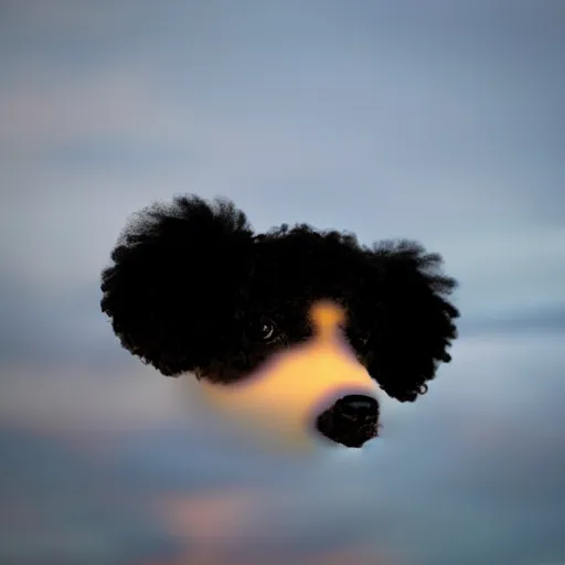 Image similar to a dark cloud shaped like a black miniature toy poodle's head, sunset realistic photo