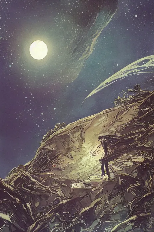 Image similar to a full moon containing the glimmering stairways to otherworldly galaxies, high intricate details, rule of thirds, golden ratio, cinematic light, anime style, graphic novel by fiona staples and dustin nguyen, by beaststars and orange, peter elson, alan bean, studio ghibli, makoto shinkai