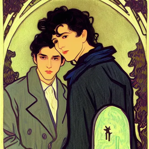 Image similar to painting of young cute handsome beautiful dark medium wavy hair man in his 2 0 s named shadow taehyung and cute handsome beautiful min - jun together at the graveyard party, ghostly, haunted gravestones, ghosts, autumn! colors, pretty, elegant, wearing suits!, clothes!, delicate facial features, art by alphonse mucha, vincent van gogh, egon schiele