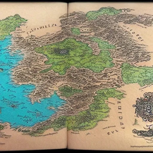 Image similar to A map of a large island, coloured pencils and ink, beautiful, highly detailed, in the style of Middle Earth Lord of the Rings