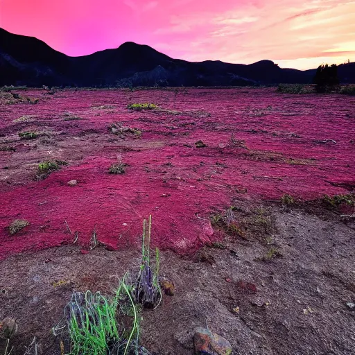 Image similar to the sky is a deep purple, with swirls of pink and orange. the ground is red and rocky, with strange plants growing in patches. there is a river of green liquid, and in the distance, you can see a mountain range.