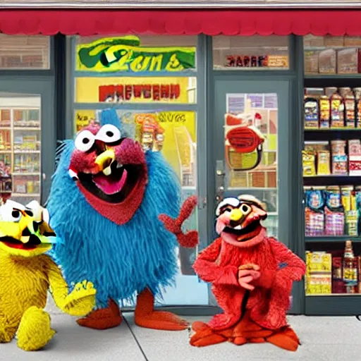 Image similar to Sesame Street Muppets rob a convenience store on the main street