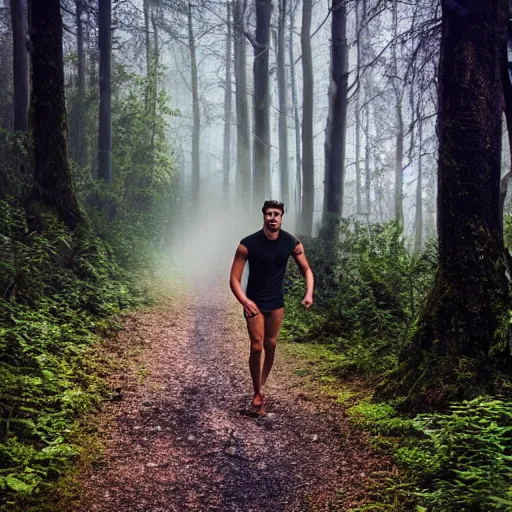 Prompt: davide from love island finds himself lost in the woods, trail cam, 4k, UHD, fog, forest, volumetric lights
