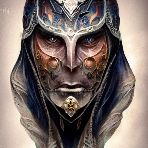 Image similar to an Artstation 3d render of Very very very very highly detailed beautiful mystic face of a phantom warrior with galaxy, tattoos by Anton Pieck, intricate, extremely detailed, digital painting, artstation, concept art, smooth, sharp focus, illustration, intimidating lighting, incredible art,