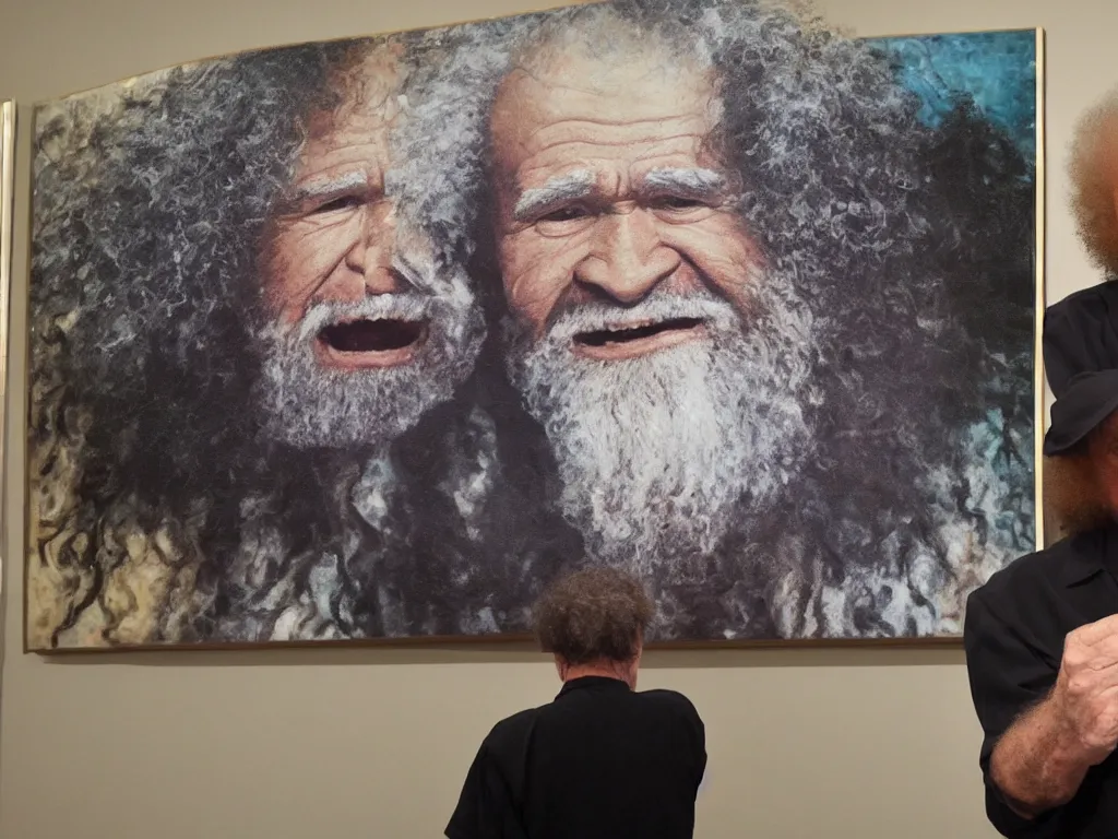 Prompt: old bob ross is sad and angry and yelling at a huge painting by bob ross, staring eyes