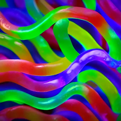 Prompt: colorful gummy worms that glow in the dark, 3d render, close up