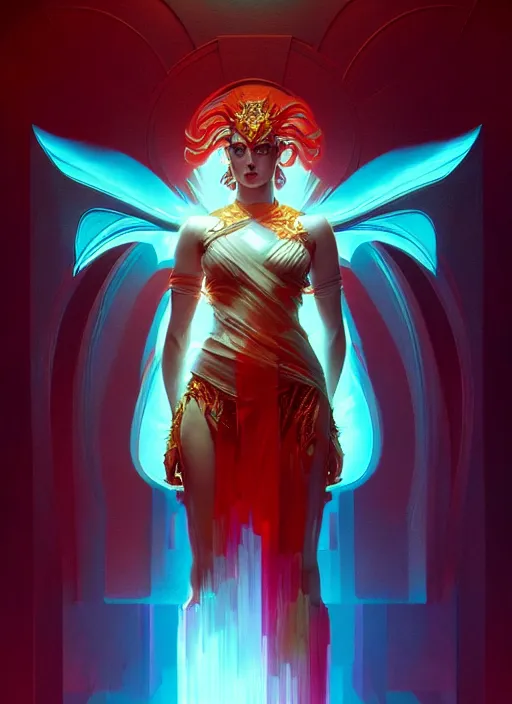 Image similar to the goddess hera looking angry, paper dress, volumetric lights, red and cyan theme, futuristic, intricate, highly detailed, digital painting, artstation, concept art, smooth, sharp focus, symmetric face, illustration, art by artgerm and greg rutkowski and alphonse mucha