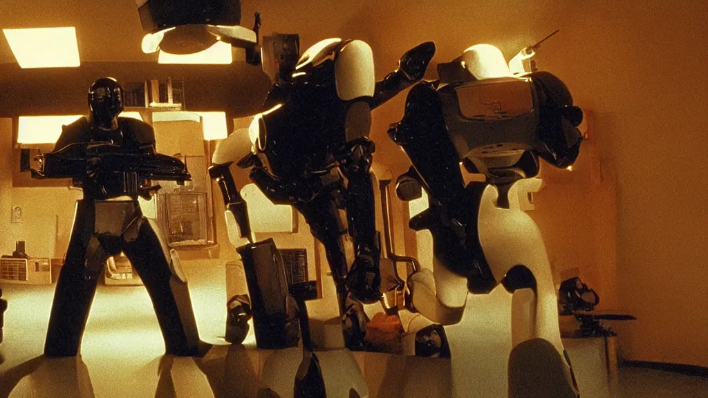 Image similar to movie scene of pulp fiction but with robots, movie still, cinematic composition, cinematic light, by david lynch