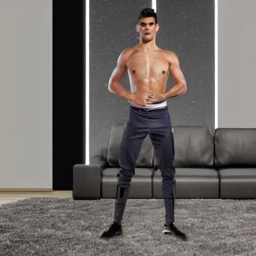 Image similar to a realistic detailed photo of a guy who is an attractive humanoid who is half robot and half humanoid, who is a male android, soccer player alvaro morata, shiny skin, posing like a statue, blank stare, in a living room, on display, showing off his muscles, with a twin