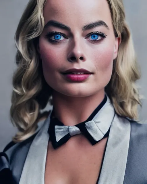 Image similar to A portrait of a margot robbie in a cosplay uniform, piercing eyes, highly detailed, bokeh, professional photograph, full body shot 4K, HD