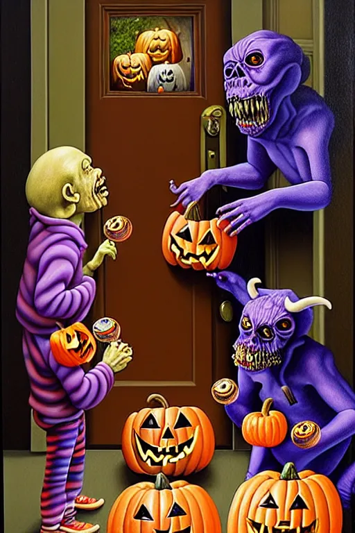 Image similar to a hyperrealistic painting of trick or treaters knocking on door and scary chimeric creature answers with bowl of candy, cinematic horror by jimmy alonzo, the art of skinner, chris cunningham, lisa frank, richard corben, highly detailed, vivid color,