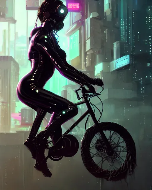 Prompt: girl wearing cyberpunk intricate catsuit riding bike, respirator, detailed portrait, cell shaded, 4 k, concept art, by wlop, ilya kuvshinov, artgerm, krenz cushart, greg rutkowski, pixiv. cinematic dramatic atmosphere, sharp focus, volumetric lighting, cinematic lighting, studio quality