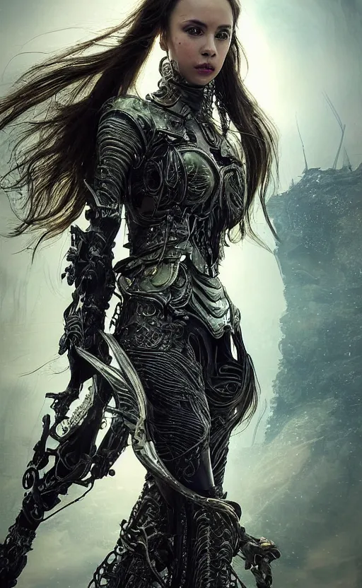 Image similar to a professional portrait of a beautiful young female, clothed in ethereal battle armor, olive skin, long dark hair, beautiful bone structure, symmetrical facial features, deep forest psytrance Neo-Gothic concept, infinity glyph waves, intricate artwork masterpiece, very coherent artwork, cinematic, from Valerian and the City of a Thousand Planets, in the style of Ruan Jia and Mandy Jurgens and Artgerm and Greg Rutkowski and William-Adolphe Bouguerea, very coherent artwork, trending on cgsociety, ultra high quality model, production quality cinema model, high detail chromatic ink outline, octane render, unreal engine 8k, hyper realism, high detail, octane render, unreal engine, 8k, High contrast