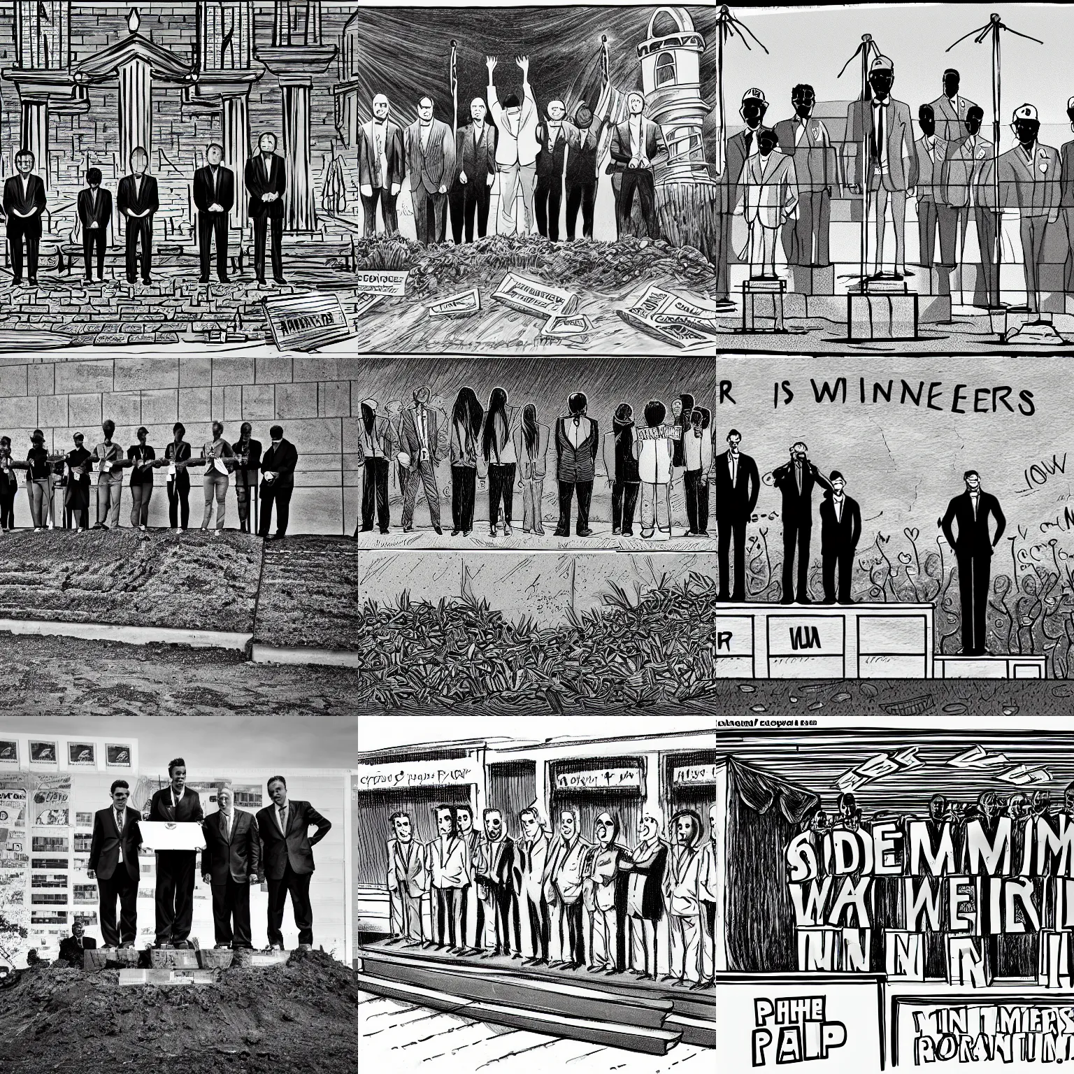 Prompt: winners podium only one person on it, losers standing in dirt to the side, cartoon, b & w, pen