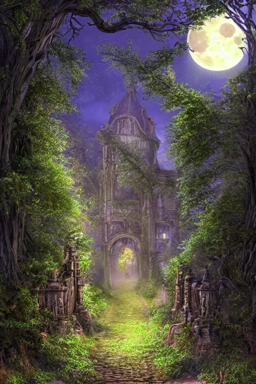 Image similar to a beautiful digital glossy clear sharp of a detailed gothic fantasy fireflies forest trees and iron gate cobblestone pathway vines full moon by james gurney, 8 k resolution trending on artstation concept art digital illustration