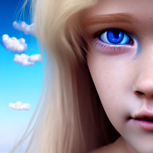 Prompt: ultra realistic and ultra detailed portrait of a young beautiful girl with blond hair and blue eyes falling through the sky, 4 k