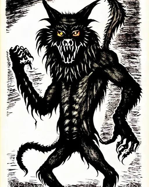 Image similar to a licorice werewolf as a D&D monster, full body, pen-and-ink illustration, etching, by Russ Nicholson, DAvid A Trampier, larry elmore, 1981, HQ scan, intricate details, Monster Manula, Fiend Folio