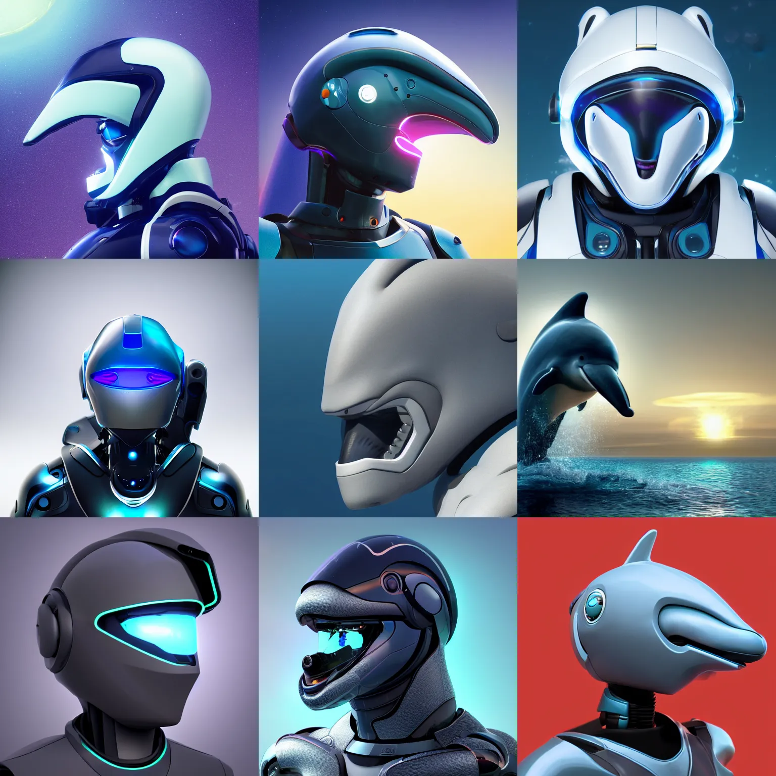 Prompt: bust profile picture of a robotic anthro dolphin, integrated synthetic cetacean hybrid android, dark opaque visor over top of face, short wide smooth bottlenose snout extending from under visor, male, commission on furaffinity, cgsociety, octane render, sea in background