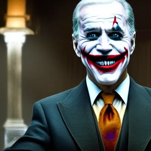 Prompt: Film still of Joe Biden as the Joker, from The Dark Knight (2008)