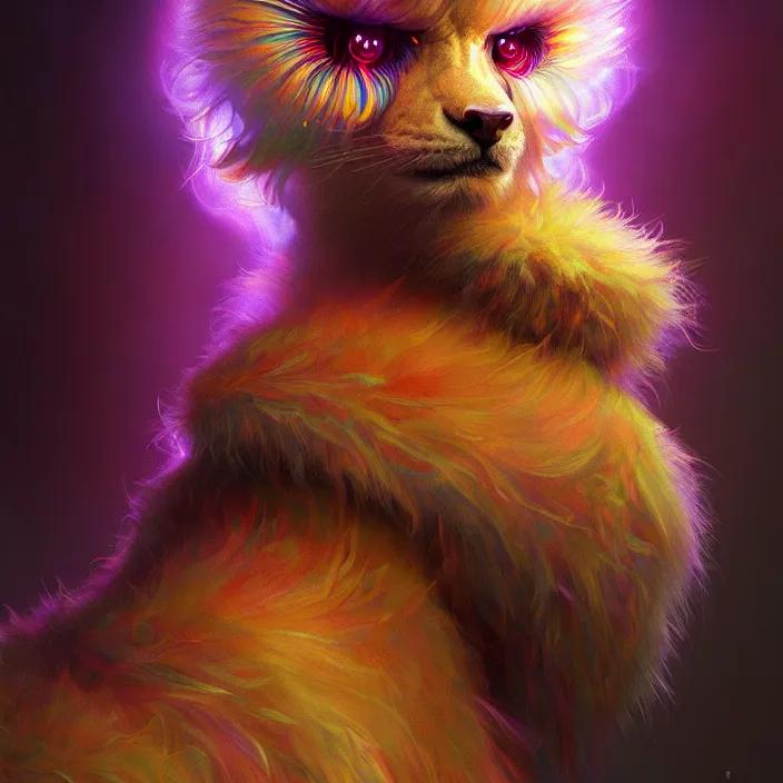 Prompt: psychedelic fluffy furry animal cyborg, diffuse lighting, fantasy, intricate, elegant, highly detailed, lifelike, photorealistic, digital painting, artstation, illustration, concept art, smooth, sharp focus, art by John Collier and Albert Aublet and Krenz Cushart and Artem Demura and Alphonse Mucha