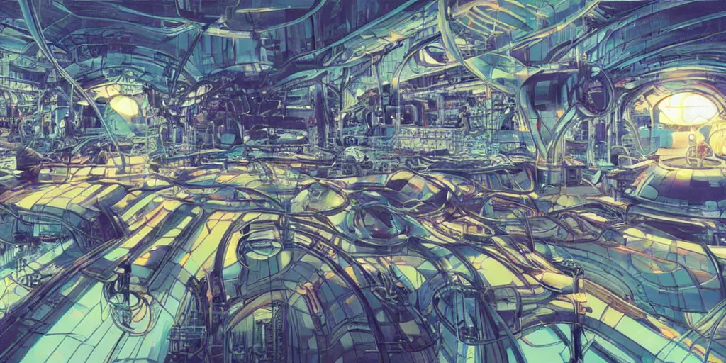 Image similar to goa psytrance spaceship factory, art by makoto shinkai and alan bean, yukito kishiro