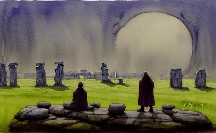 Image similar to a hyperrealist watercolour character concept art portrait of one small grey medieval monk kneeling down in prayer in front of a complete stonehenge monument on a misty night. a huge stone is floating above stonehenge. by rebecca guay, michael kaluta, charles vess and jean moebius giraud