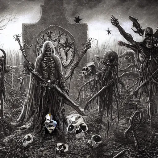 Image similar to a necromancer surrounded by skeletons raised from the dead in a spooky graveyard, horror, photorealistic, fantasy art, Larry Elmore, Jeff Easley, Frank Franzetta