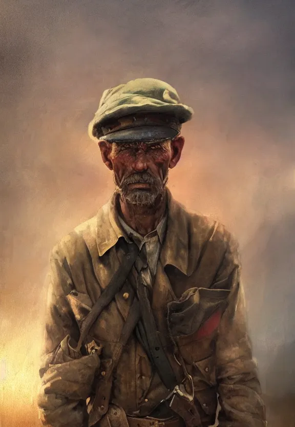 Prompt: a portrait of a rough male farmer in world war 2, 1 9 4 0 setting, vivid colors, soft lighting, atmospheric, cinematic, moody, in the style of ilya kuvshinov and range murata, krenz cushart, rule of thirds, oil on canvas, 8 k