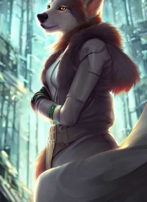 Image similar to commission of a beautiful portrait of a female anthro wolf fursona wearing jedi robes in a forested cyberpunk city. character design by charlie bowater, ross tran, artgerm, and makoto shinkai, detailed, soft lighting, rendered in octane