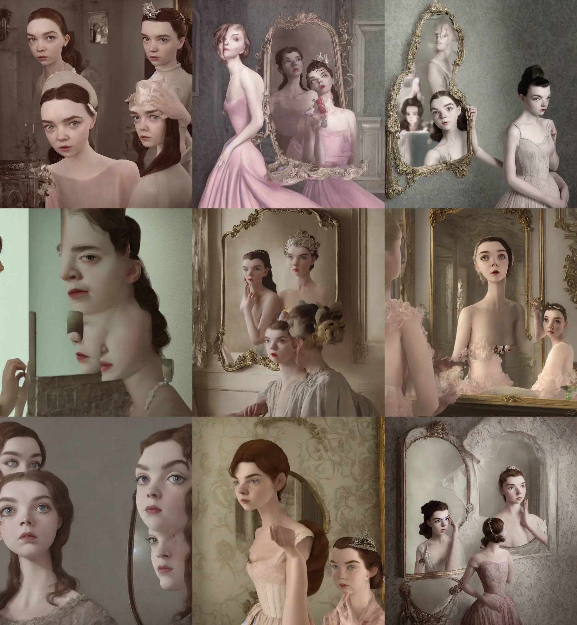 Prompt: a mix of of lily cole anya taylor - joy and audry hepburn looking into mirror, tiara, 1 8 th century manor, hyperrealism photorealism, 8 k, hdr, unreal engine 5, octane render, photorealistic, extremely detailed, intricate, in the style of mark ryden, lostfish, earl nore, hyung tae, frank frazetta