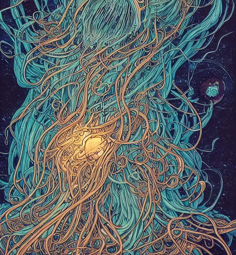 Prompt: a beautiful ultradetailed comic cover art of a massive, complex layered cosmic jellyfish with super long tendrils, by Laurie Greasley and Peter Mohrbacher and Quentine Mabilles and Dan Mumford, tarot card art, detailed, cyberpunk, dramatic lighting
