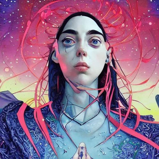 Image similar to closeup : beautiful breathtaking young billie eilish as the empress of the universe sits on stellar throne. illustration by james jean and satoshi kon and erik jones, inspired by evangelion, smooth feature, intricate oil painting, high detail illustration, sharp high detail